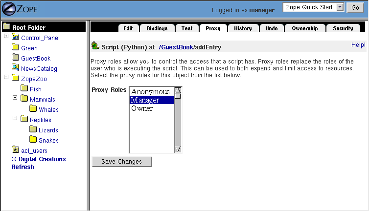 Setting proxy roles for the addEntry method.